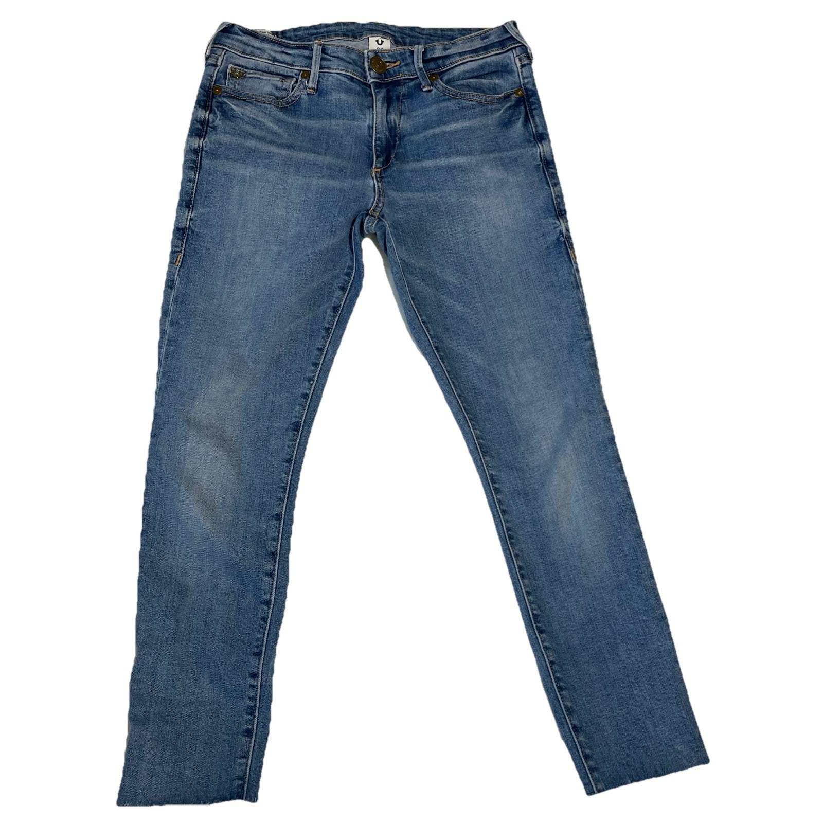 True Religion Women’s Halle Mid Rise Super Skinny Jeans Raw Hem Size 27